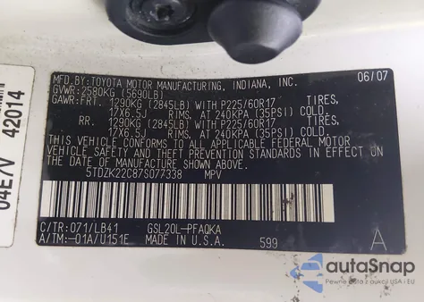 2007 Toyota Sienna Xle z USA, uszkodzony, nr VIN 5TDZK22C87S077338